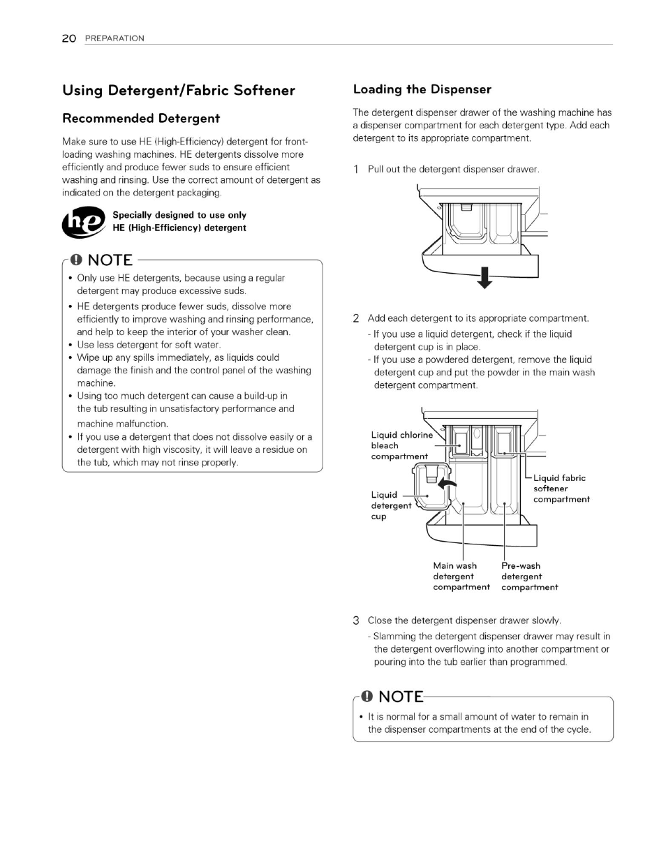 Using detergent/fa brie softener, Recommended detergent, O note | Loading the dispenser | LG WM3250HVA User Manual | Page 21 / 81