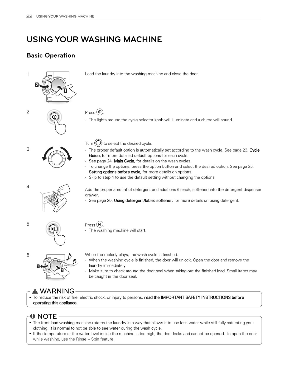 Using your washing machine, Basic operation, A warning | O note, Warning | LG WM3250HVA User Manual | Page 23 / 81