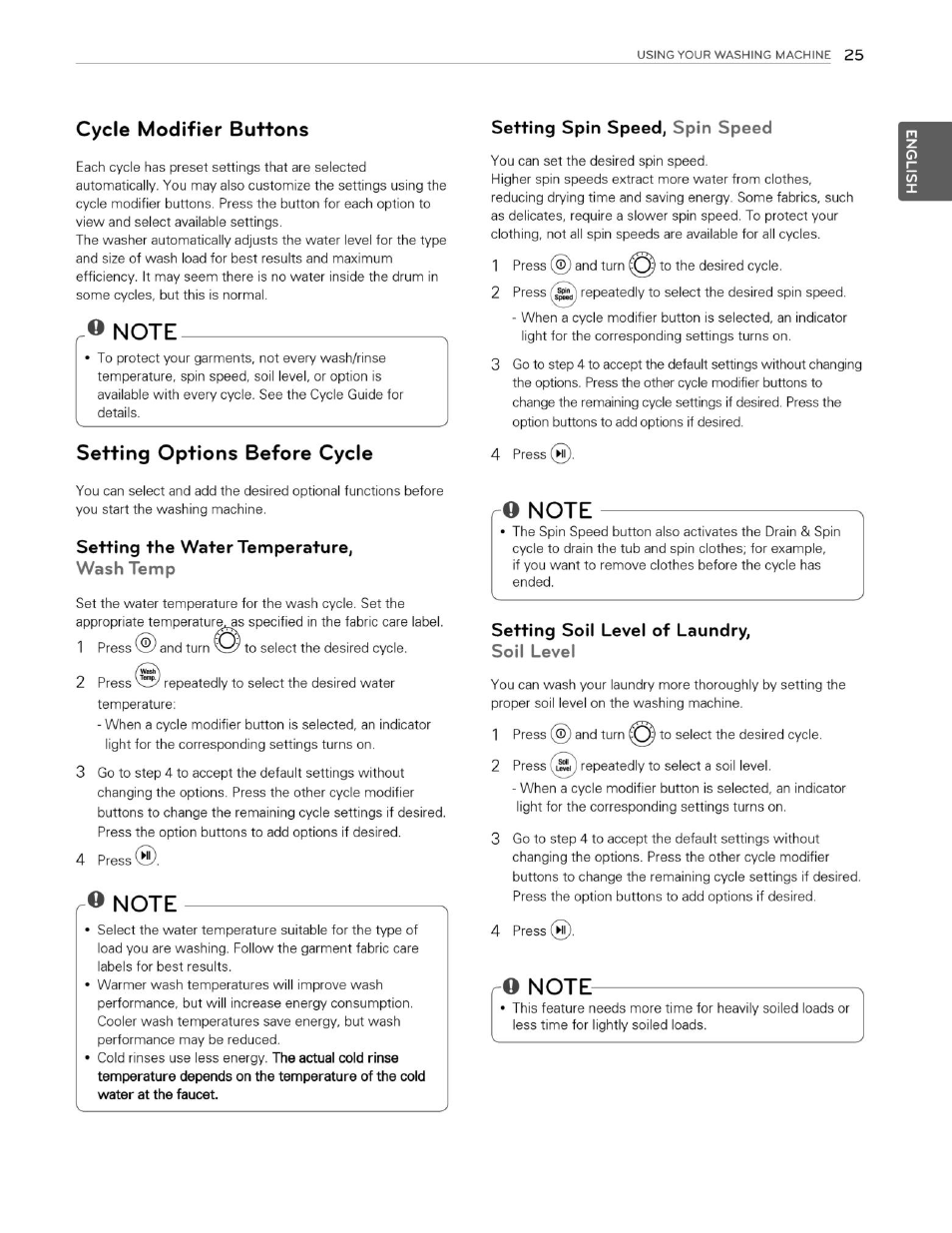 Cycle modifier buttons, O note, Setting options before cycle | Setting the water temperature, Wash temp, Setting spin speed, spin speed, Q note, Setting soil level of laundry, Soil level | LG WM3250HVA User Manual | Page 26 / 81