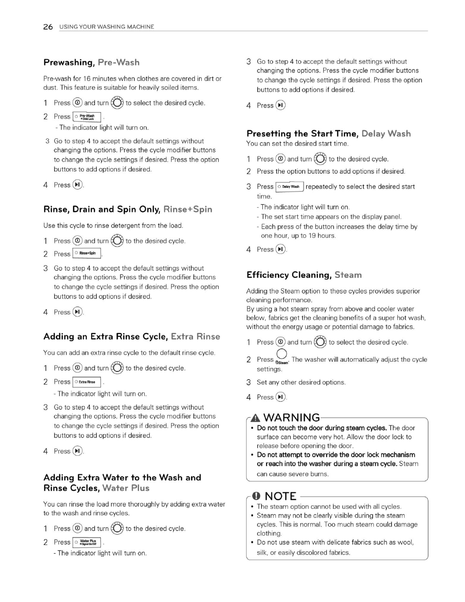 Prewashing, pre-wash, Rinse, drain and spin only, rinse+spin, Adding an extra rinse cycle, extra rinse | Efficiency cleaning, steam, Ra warning | LG WM3250HVA User Manual | Page 27 / 81