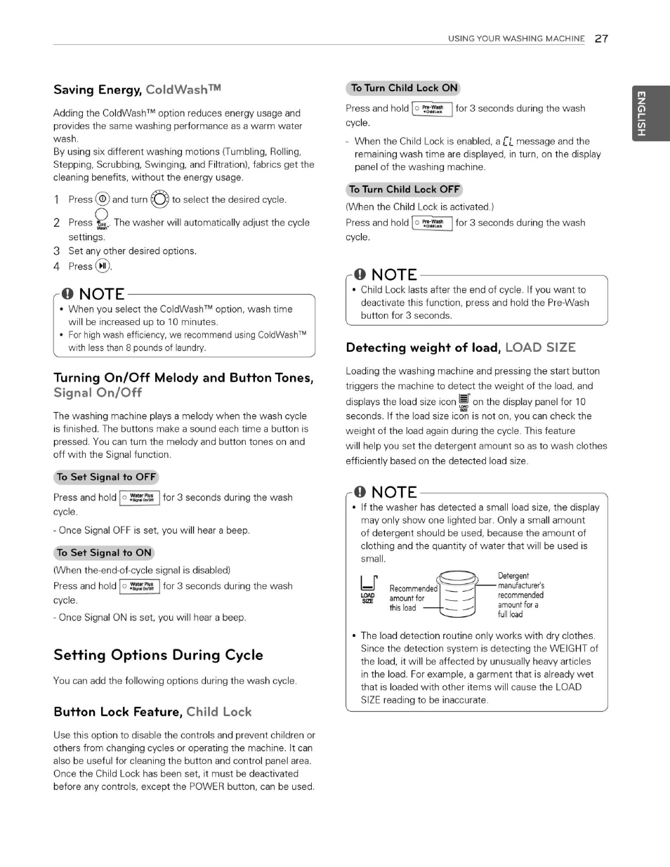 Saving energy, coldwash, O note, Setting options during cycle | Button lock feature, child lock, Detecting weight of load, load size | LG WM3250HVA User Manual | Page 28 / 81