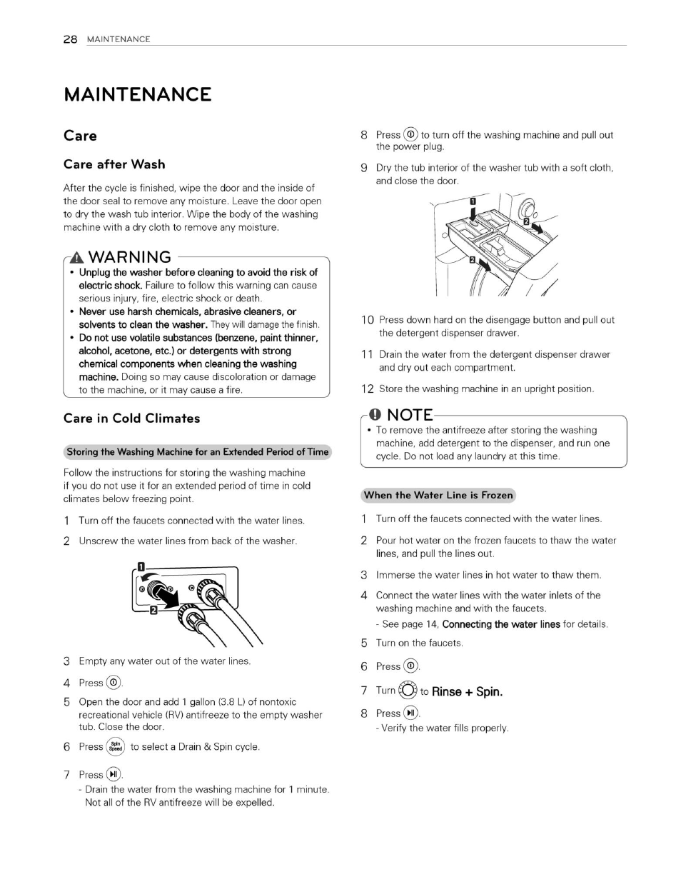 Maintenance, Care, Care after wash | A warning, Care in cold climates, O note, 7 turn to rinse + spin | LG WM3250HVA User Manual | Page 29 / 81