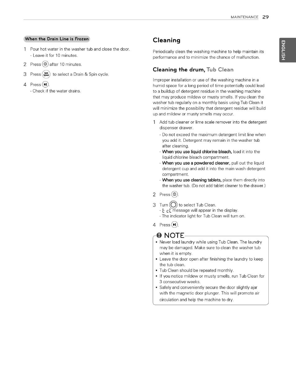 Cleaning, Cleaning the drum, tub clean, O note | LG WM3250HVA User Manual | Page 30 / 81