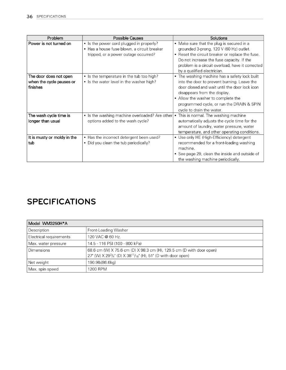 Specifications | LG WM3250HVA User Manual | Page 37 / 81