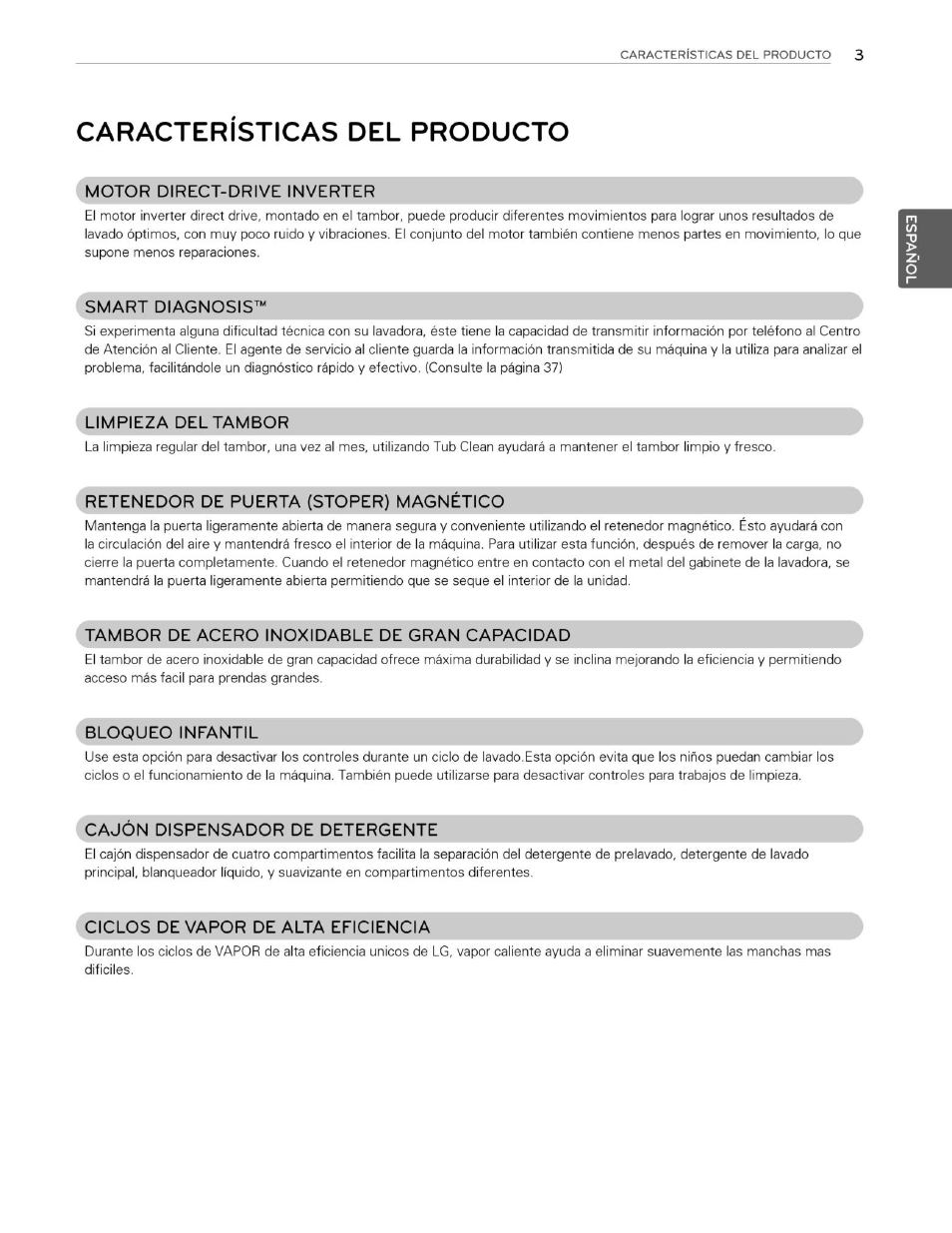 Caracteristicas del producto | LG WM3250HVA User Manual | Page 44 / 81