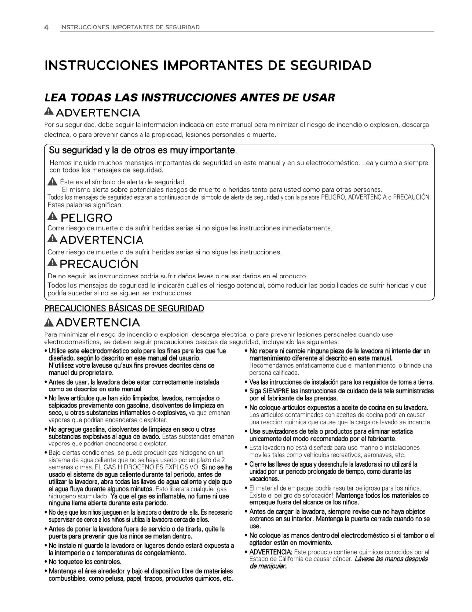 Instrucciones importantes de seguridad, Precauciones básicas de seguridad, Aadvertencia | Lea todas las instrucciones antes de usar | LG WM3250HVA User Manual | Page 45 / 81