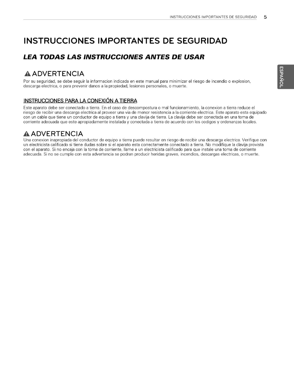 Instrucciones importantes de seguridad, Aadvertencia, Instrucciones para la conexión atierra | Lea todas las instrucciones antes de usar | LG WM3250HVA User Manual | Page 46 / 81