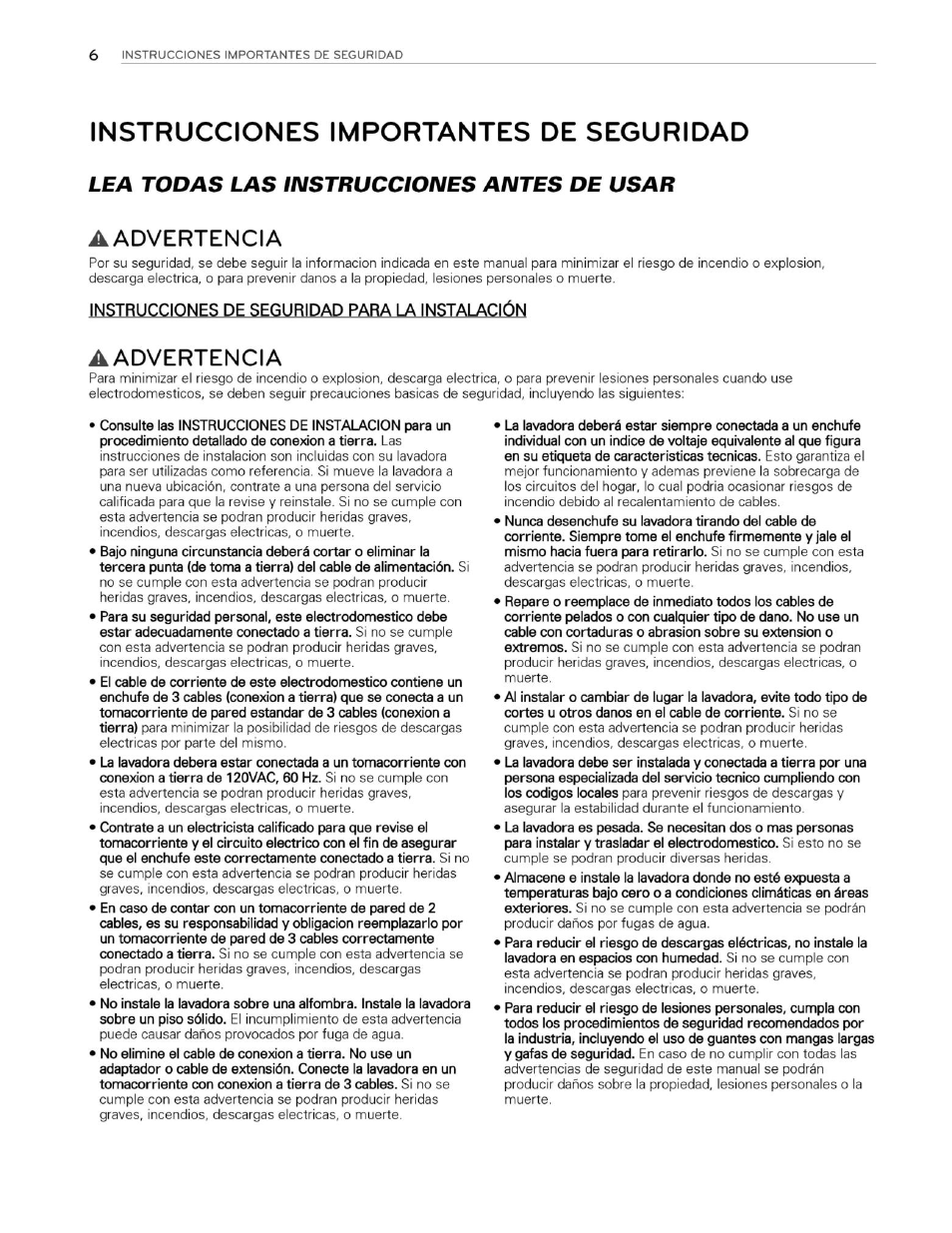 Instrucciones importantes de seguridad, Aadvertencia, Instrucciones de seguridad para la instalación | Lea todas las instrucciones antes de usar | LG WM3250HVA User Manual | Page 47 / 81