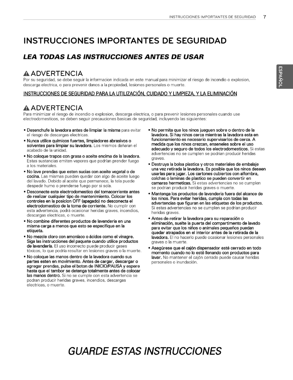 Instrucciones importantes de seguridad, Aadvertencia, Guarde estas instrucciones | Lea todas las instrucciones antes de usar | LG WM3250HVA User Manual | Page 48 / 81