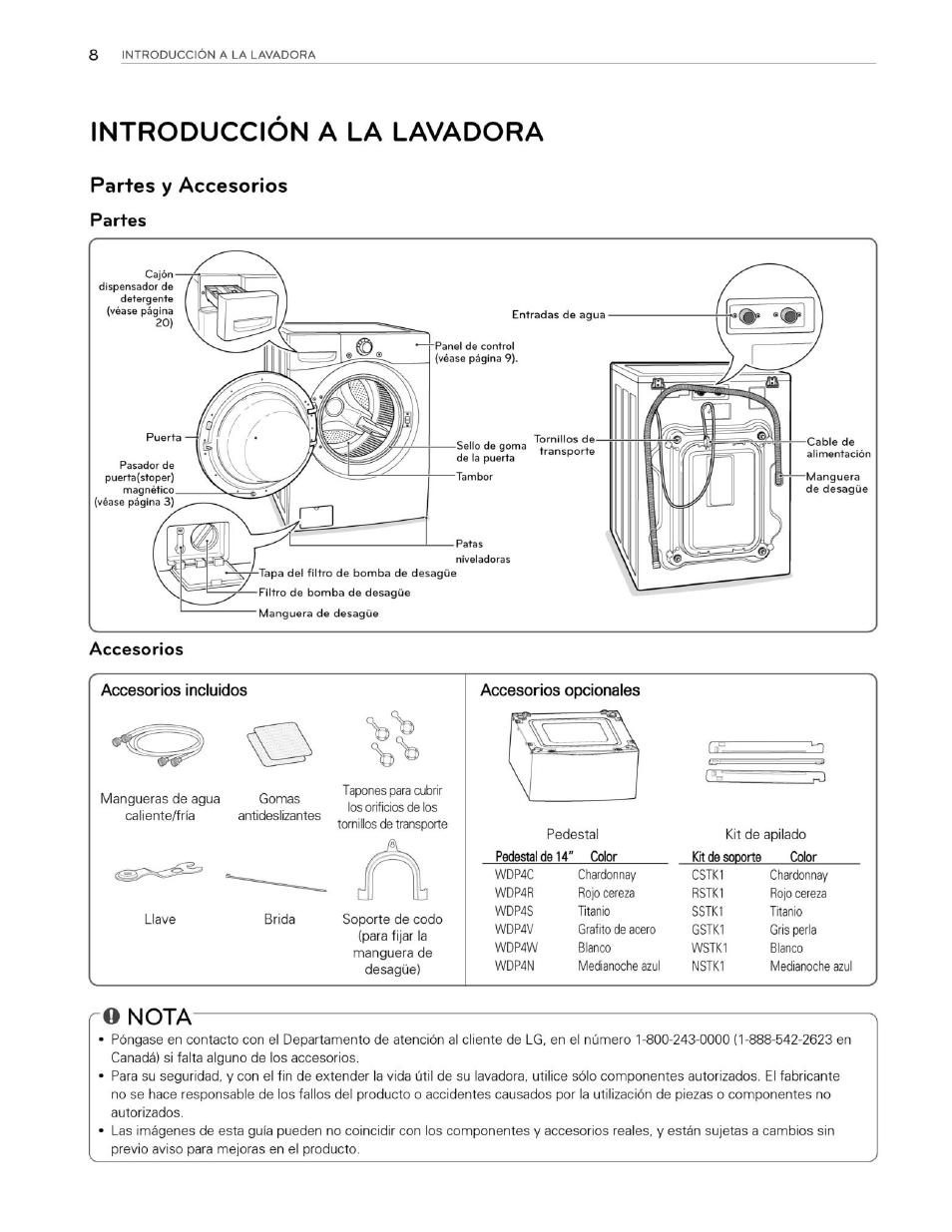 Introduccion a la lavadora, Partes y accesorios, Partes | Accesorios incluidos, Accesorios opcionales, O nota | LG WM3250HVA User Manual | Page 49 / 81
