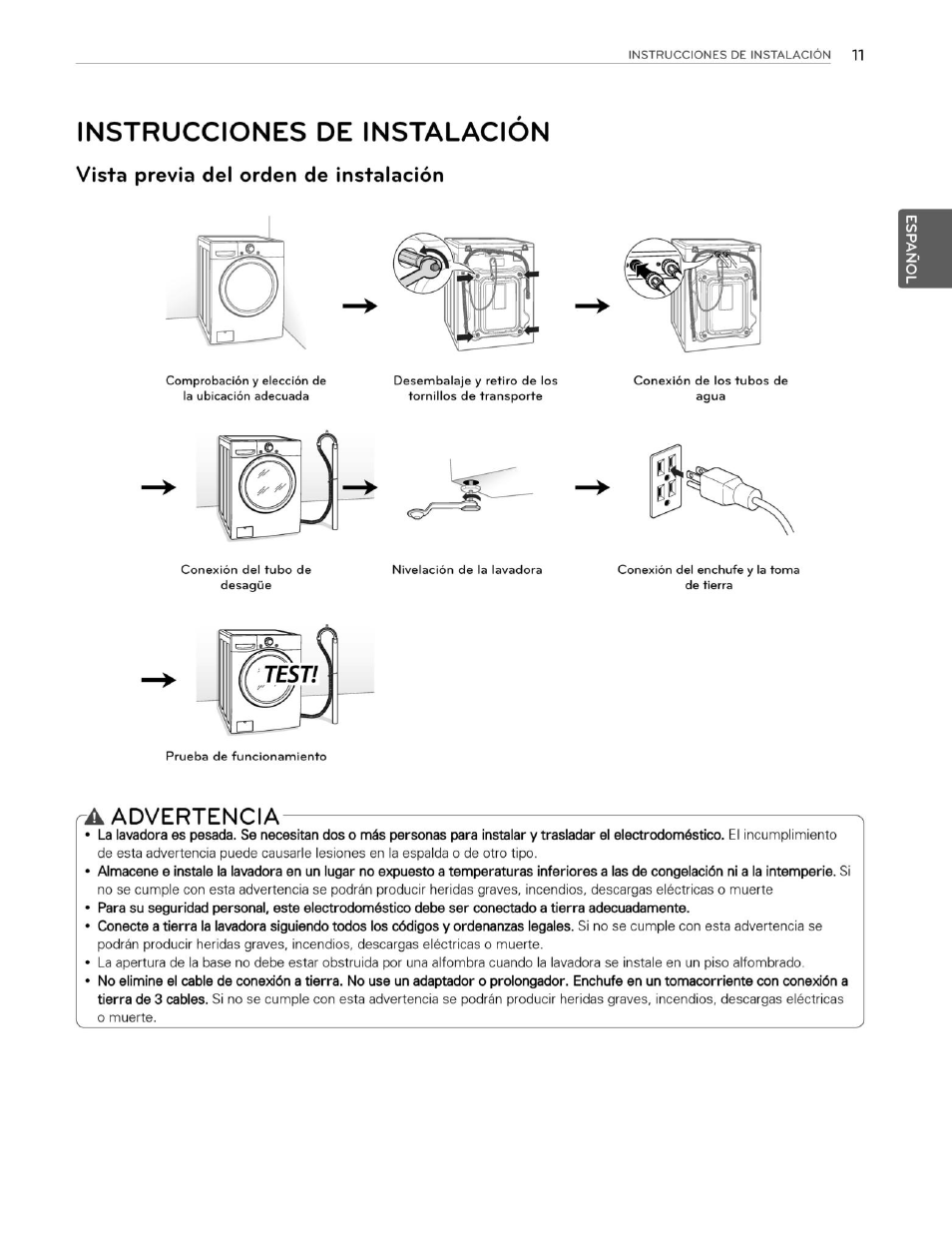 Instrucciones de instalacion, Vísta previa del orden de instalación, A advertencia | Advertencia | LG WM3250HVA User Manual | Page 52 / 81