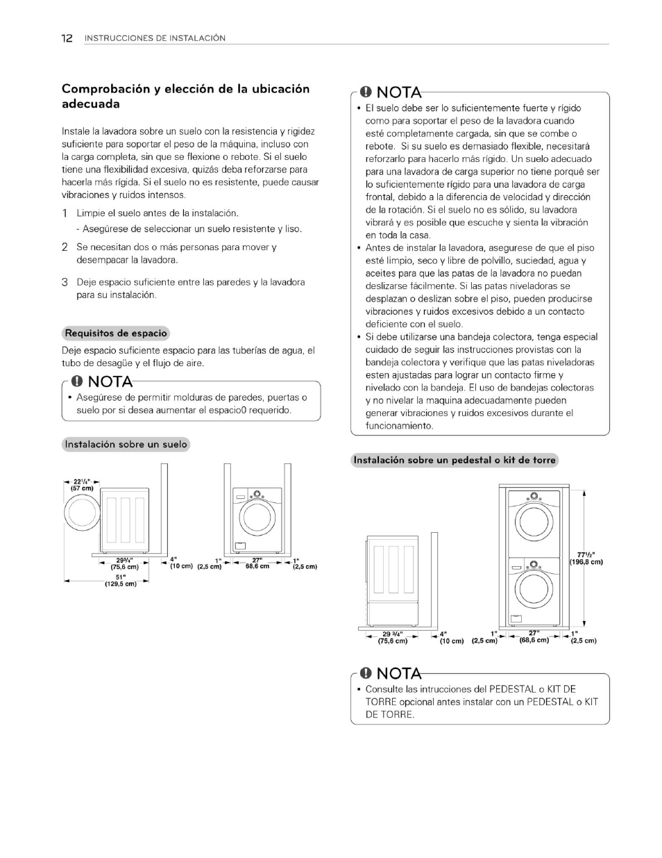 Comprobación y elección de la ubicación adecuada, Q nota, O nota | Nota | LG WM3250HVA User Manual | Page 53 / 81