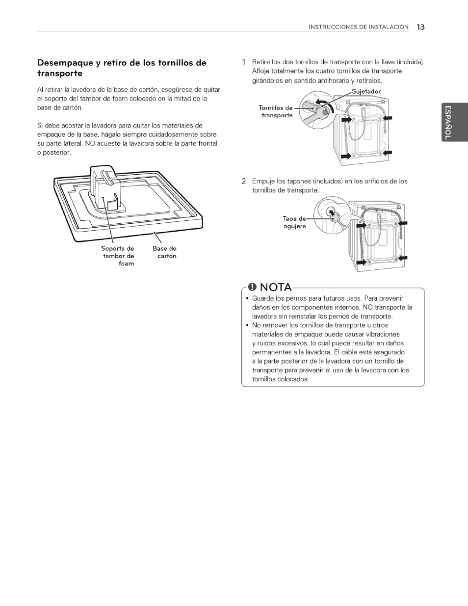 Desempaque y retiro de los tornillos de transporte, O nota, Nota | LG WM3250HVA User Manual | Page 54 / 81