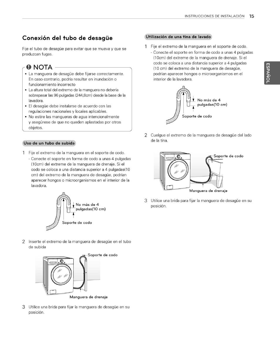 Conexión del tubo de desagüe, Ro nota | LG WM3250HVA User Manual | Page 56 / 81