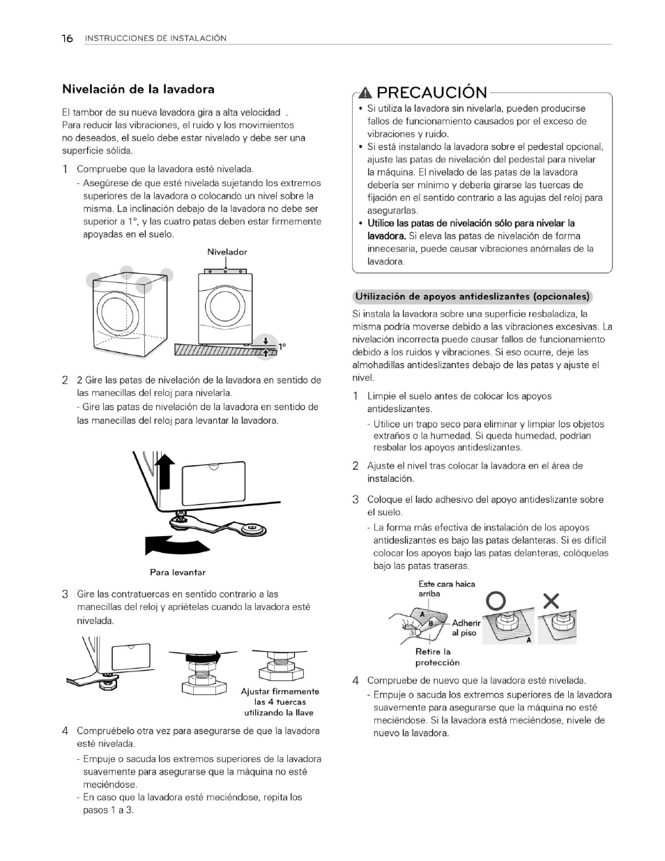 Nivelación de la lavadora, A precaucion | LG WM3250HVA User Manual | Page 57 / 81