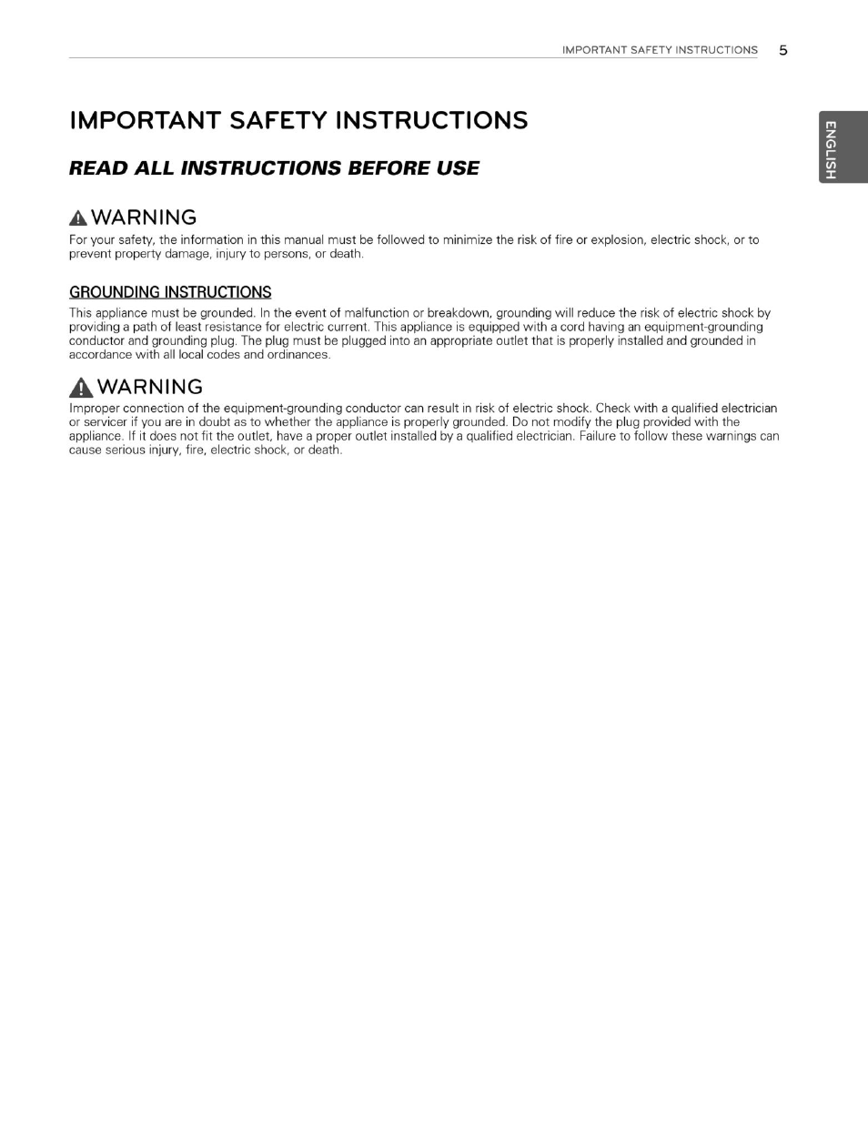 Important safety instructions, Awarning, Grounding instructions | Read all instructions before use | LG WM3250HVA User Manual | Page 6 / 81