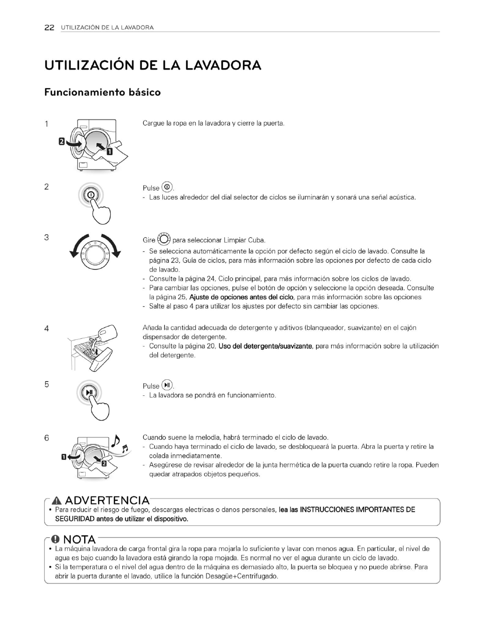 Utilizacion de la lavadora, Funcionamiento básico, A advertencia | O nota, Advertencia, Nota | LG WM3250HVA User Manual | Page 63 / 81