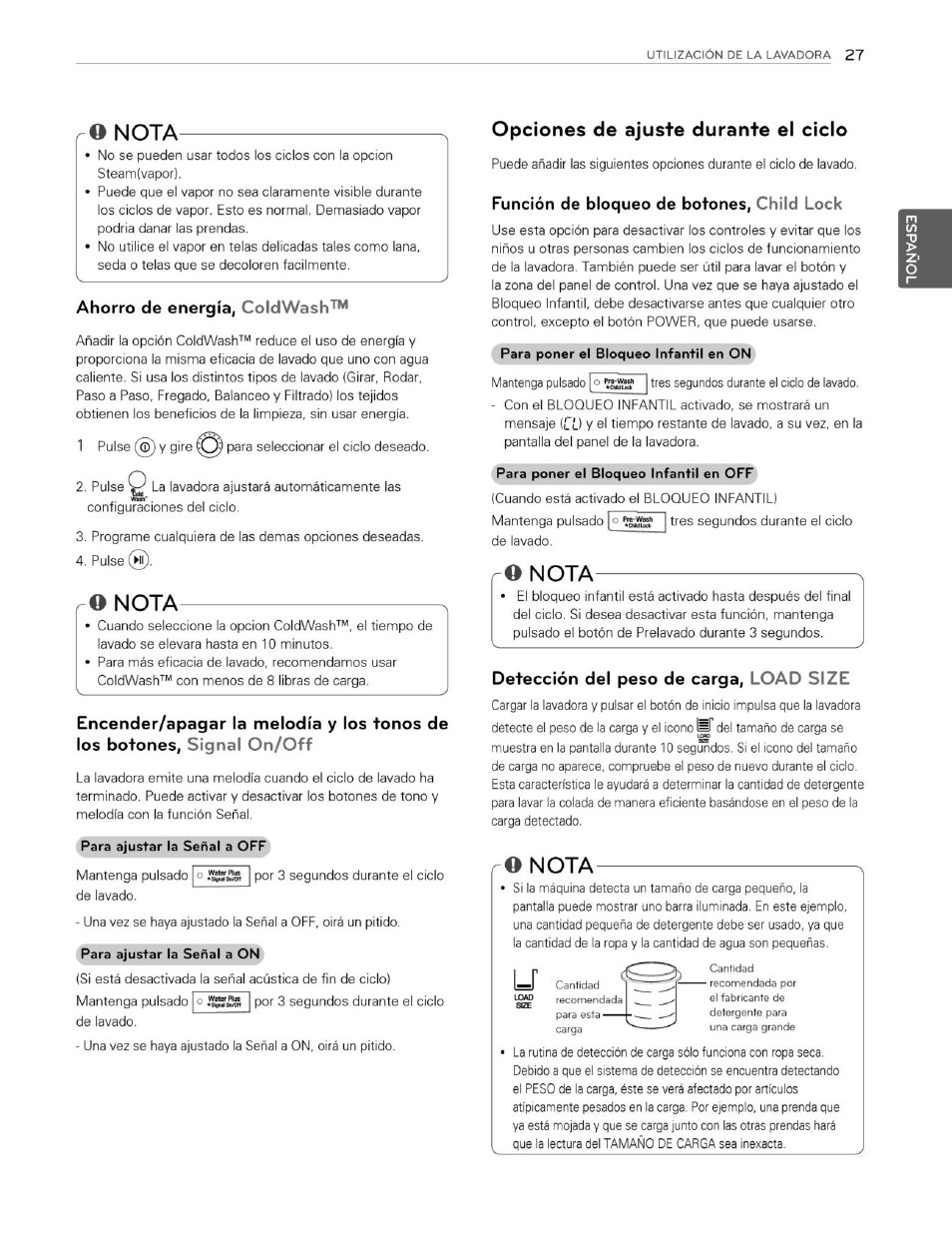 O nota, Ahorro de energía, coldwash, Opciones de ajuste durante el ciclo | Función de bloqueo de botones. child lock, Detección del peso de carga, load size, Nota | LG WM3250HVA User Manual | Page 68 / 81