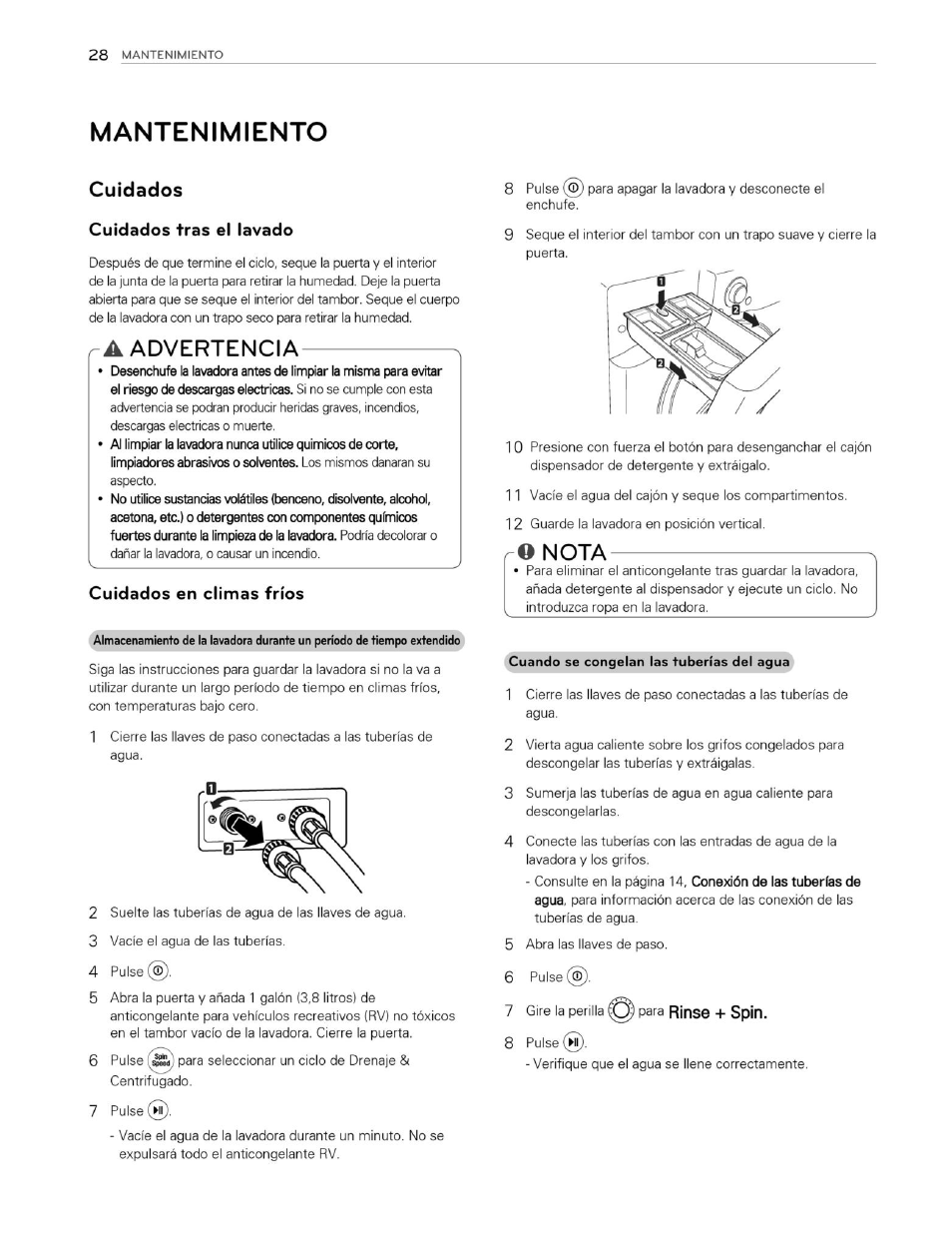 Mantenimiento, Cuidados, Cuidados tras el lavado | A advertencia, Cuidados en climas fríos, O nota, Advertencia, Nota | LG WM3250HVA User Manual | Page 69 / 81