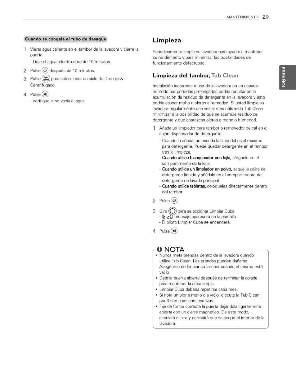 Limpieza, Limpieza del tambor, tub clean, O nota | Nota | LG WM3250HVA User Manual | Page 70 / 81