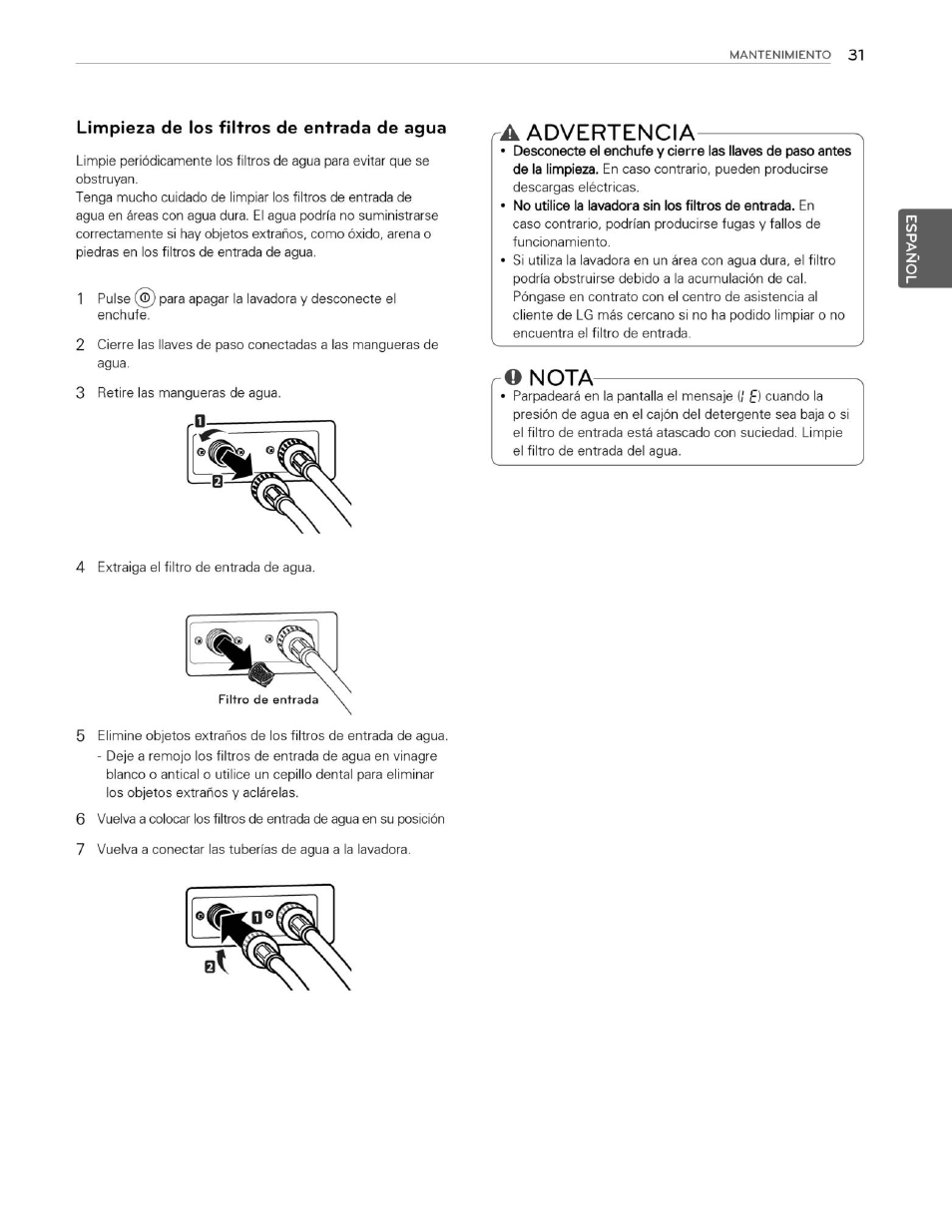 Limpieza de los filtros de entrada de agua, O nota, A advertencia | Nota | LG WM3250HVA User Manual | Page 72 / 81