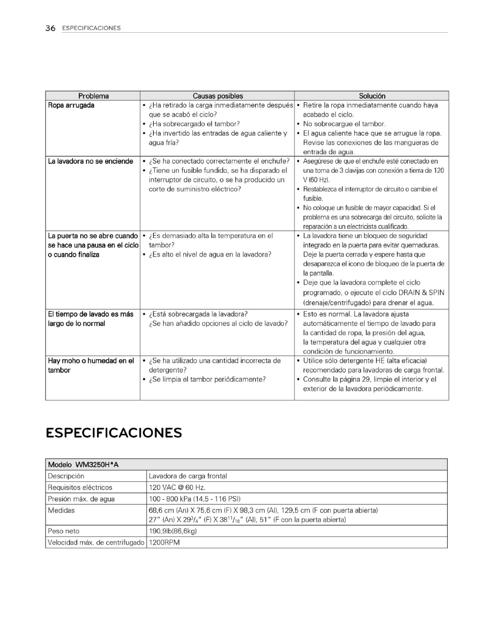 Especificaciones | LG WM3250HVA User Manual | Page 77 / 81