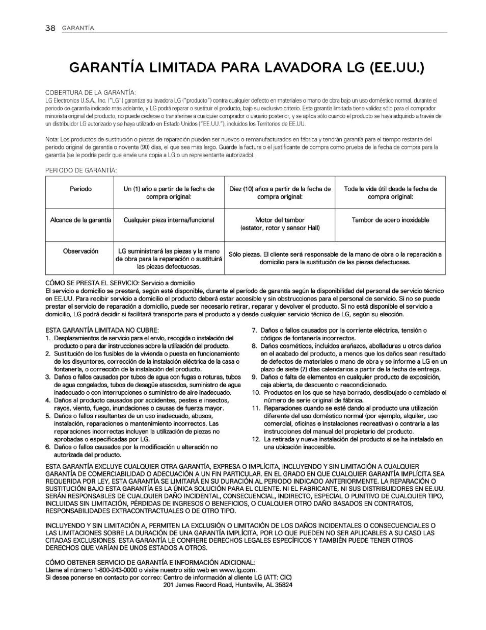 Garantía limitada para lavadora lg (ee.uu.), Cobertura de la garantía, Periodo de garantía | LG WM3250HVA User Manual | Page 79 / 81