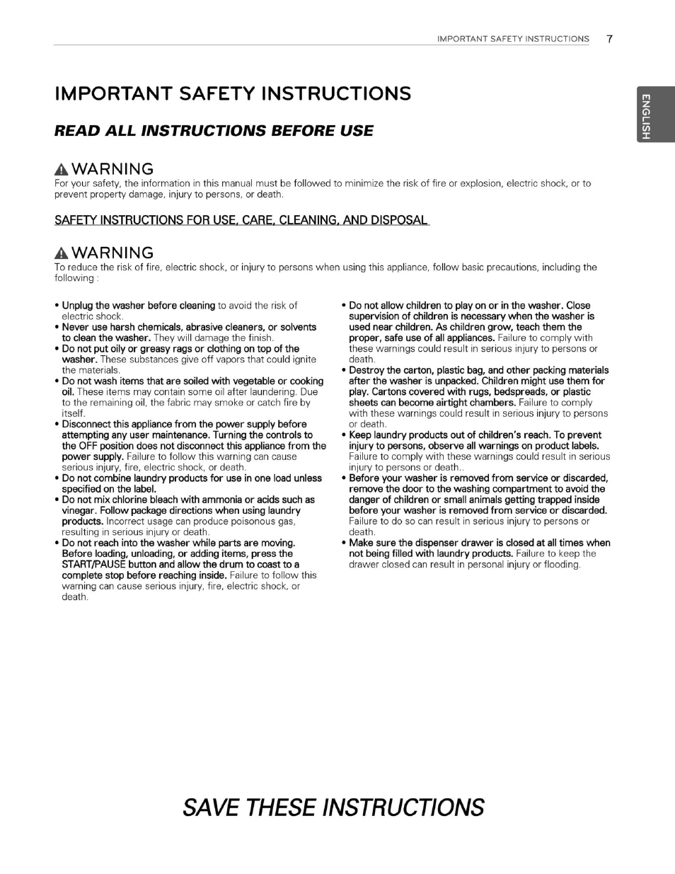 Important safety instructions, Awarning, Save these instructions | Read all instructions before use | LG WM3250HVA User Manual | Page 8 / 81