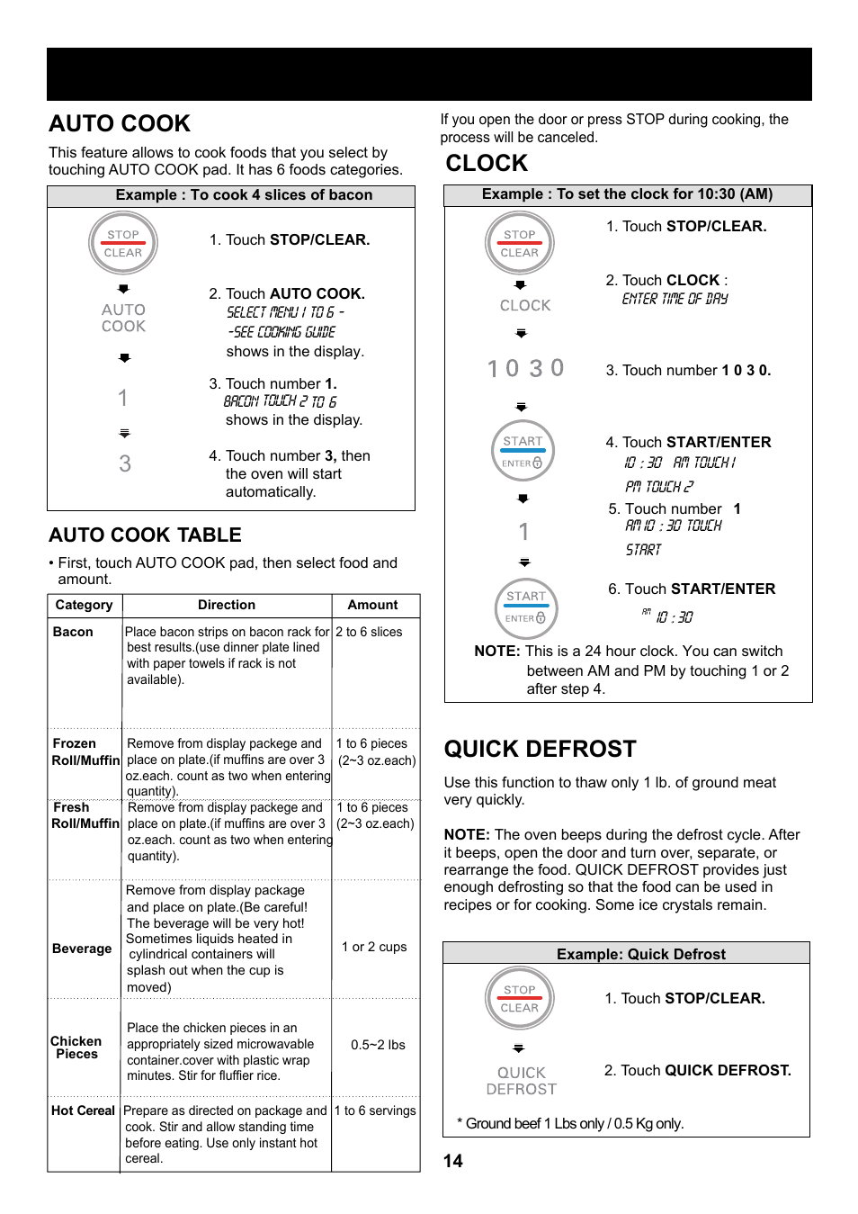 Using your microwave oven, Auto cook, Clock | Quick defrost, Auto cook table | LG LCS1410SW User Manual | Page 14 / 25