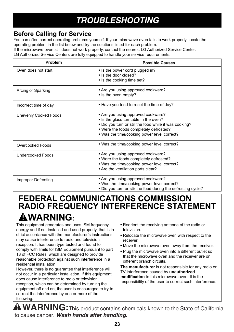 Warning, Troubleshooting, Before calling for service | LG LCS1410SW User Manual | Page 23 / 25