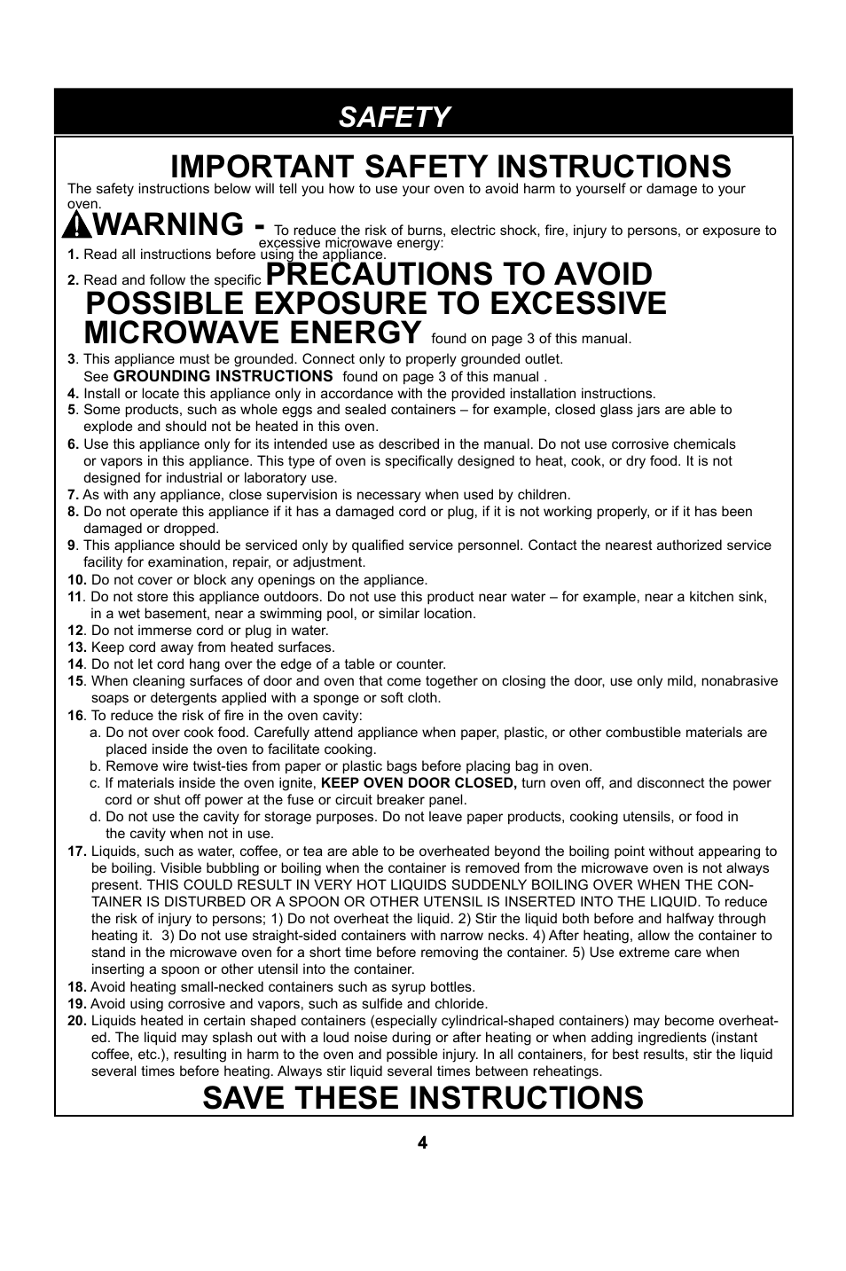 Important safety instructions, Warning, Save these instructions | Safety | LG LCS1410SW User Manual | Page 4 / 25