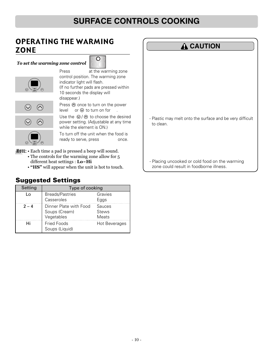 Surface controls cooking, Operating the warming zone, Caution | Suggested settings | LG LRE30757ST User Manual | Page 10 / 41