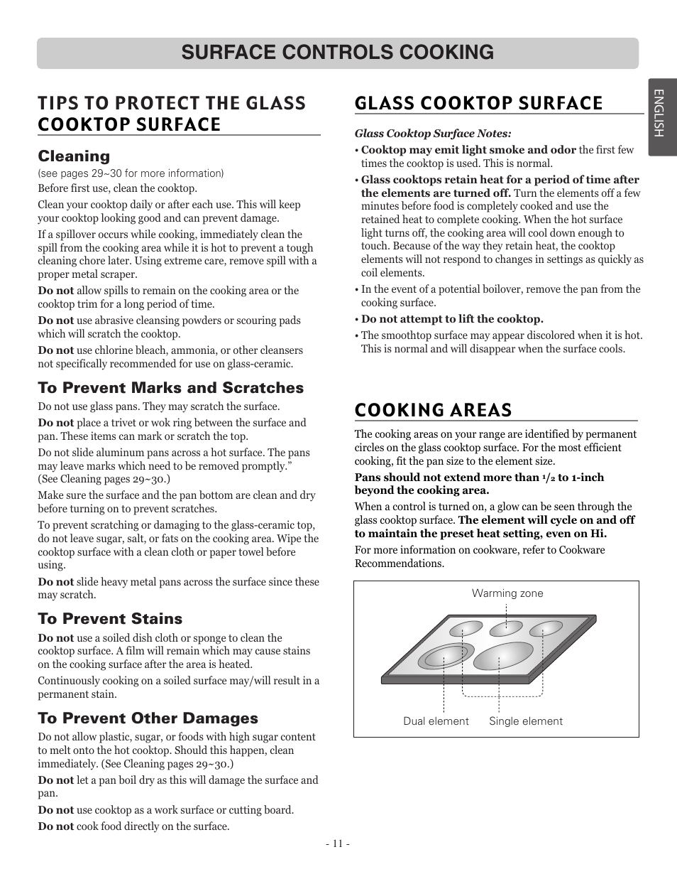 Surface controls cooking, Tips to protect the glass cooktop surface, Cooking areas | Glass cooktop surface, Cleaning | LG LRE30757ST User Manual | Page 11 / 41