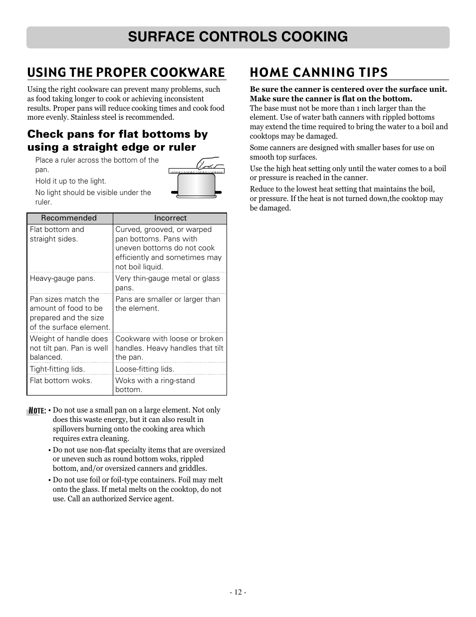 Surface controls cooking, Home canning tips, Using the proper cookware | LG LRE30757ST User Manual | Page 12 / 41