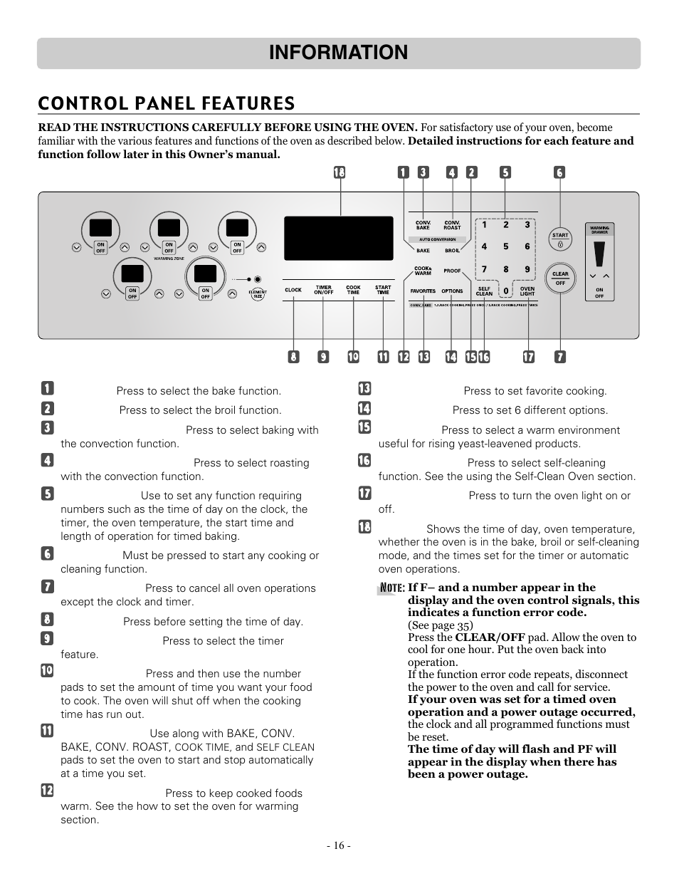 Information, Control panel features | LG LRE30757ST User Manual | Page 16 / 41