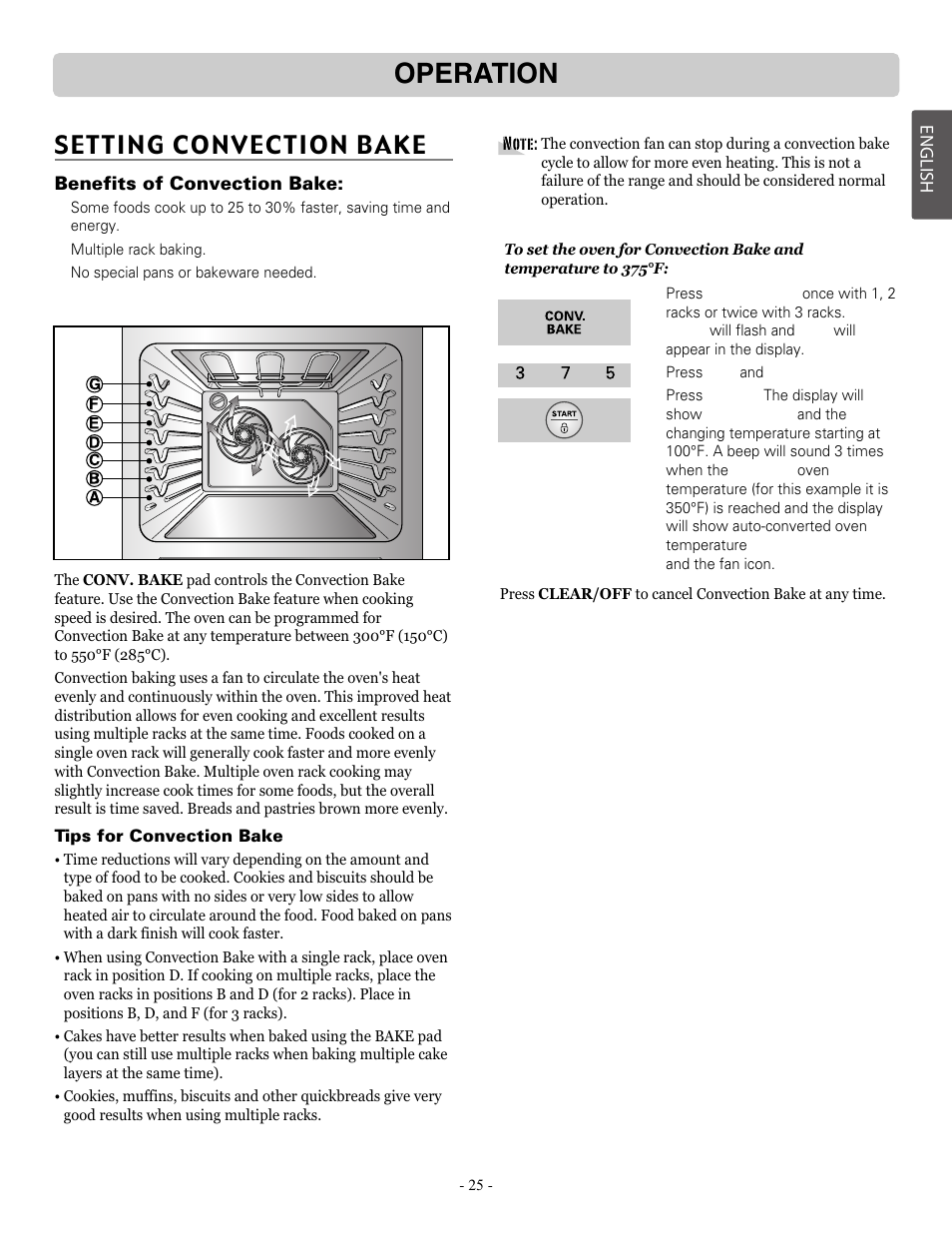 Operation, Setting convection bake | LG LRE30757ST User Manual | Page 25 / 41