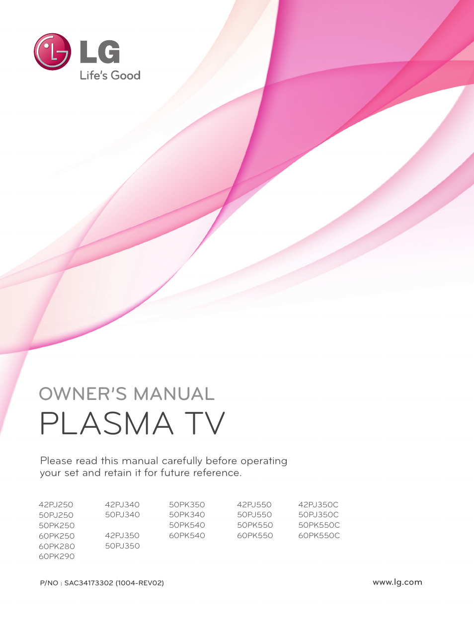 Cover, Plasma tv, Owner’s manual | LG 50PJ350 User Manual | Page 2 / 361