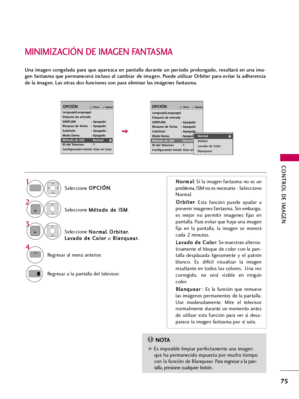 Minimización de imagen fantasma, Contr ol de ima gen, Nota | LG 50PJ350 User Manual | Page 316 / 361