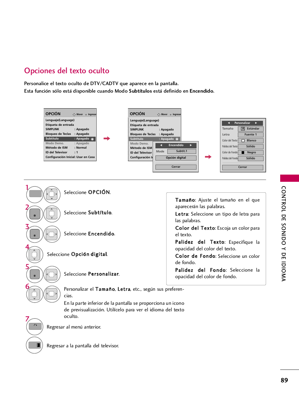 Opciones del texto oculto, Contr ol de sonido y de idioma | LG 50PJ350 User Manual | Page 330 / 361