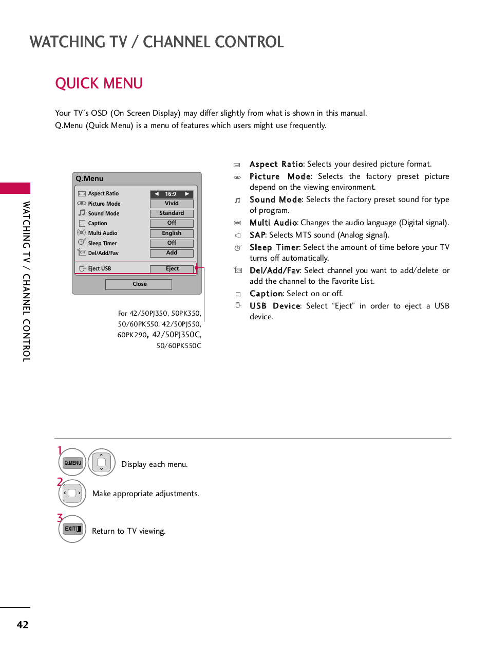 Quick menu, Watching tv / channel control, Wa tching tv / channel contr ol | LG 50PJ350 User Manual | Page 43 / 361