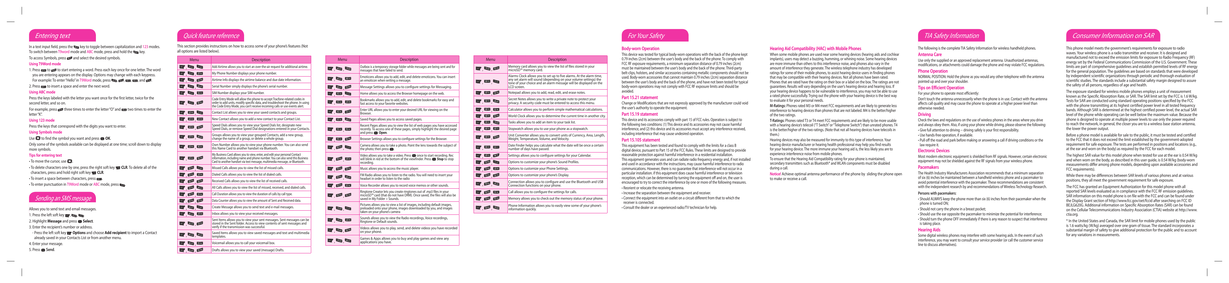 Quick feature reference, Consumer information on sar, Tia safety information | For your safety, Entering text, Sending an sms message | LG LG620GM User Manual | Page 2 / 2