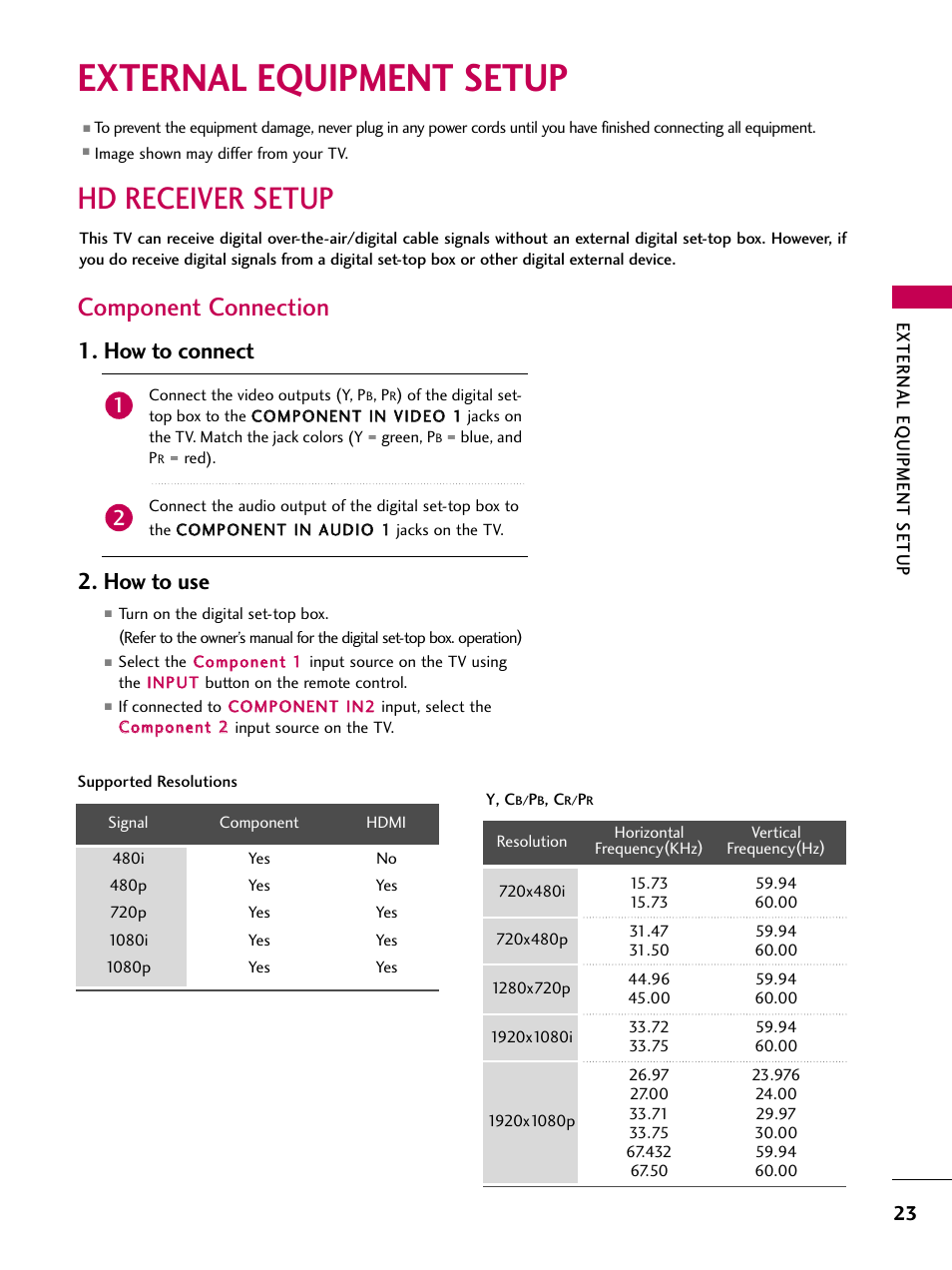 External equipment setup, Hd receiver setup, Component connection | How to connect, How to use | LG 52LG60 User Manual | Page 25 / 152