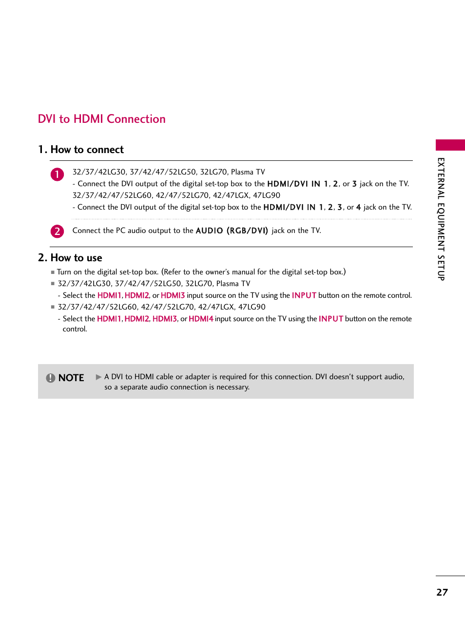 Dvi to hdmi connection, How to connect 2. how to use | LG 52LG60 User Manual | Page 29 / 152