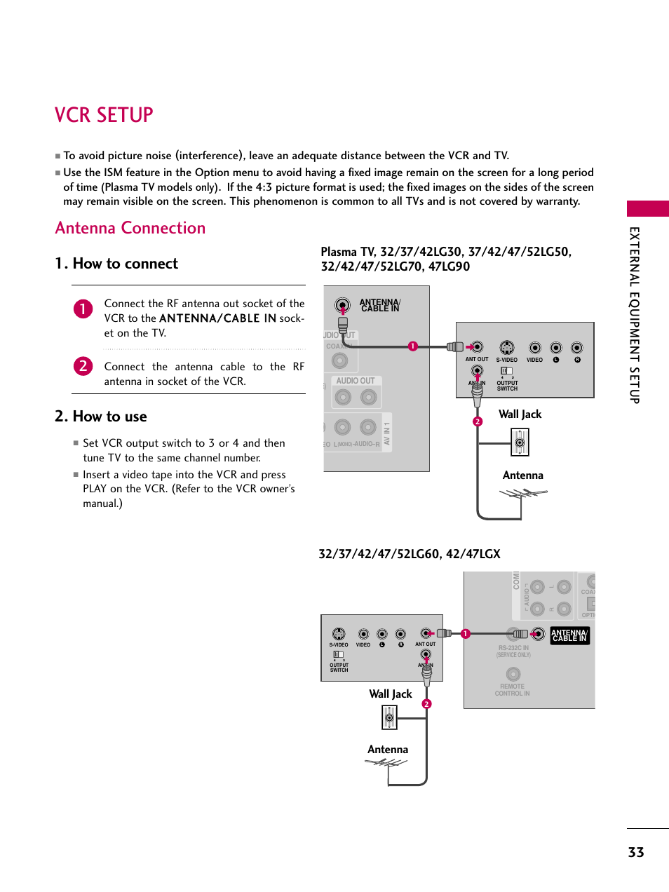 Vcr setup, Antenna connection, How to connect 2. how to use | External eq uipment setup, Wall jack antenna | LG 52LG60 User Manual | Page 35 / 152