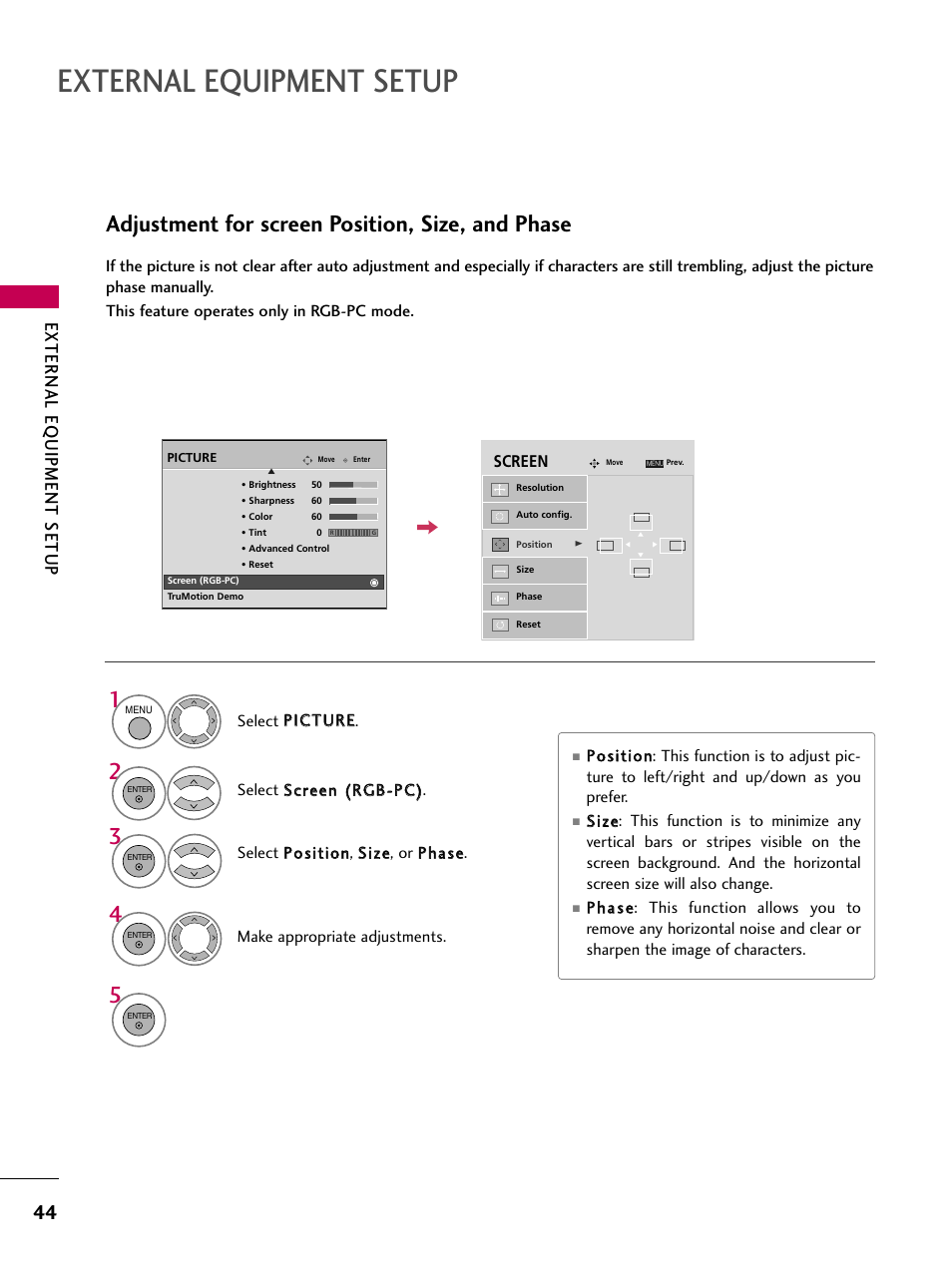 External equipment setup, Adjustment for screen position, size, and phase, External eq uipment setup | LG 52LG60 User Manual | Page 46 / 152