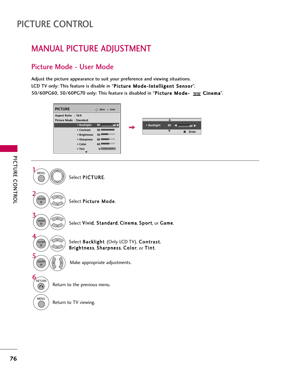 Manual picture adjustment, Picture mode - user mode, Picture control | Picture contr ol | LG 52LG60 User Manual | Page 78 / 152