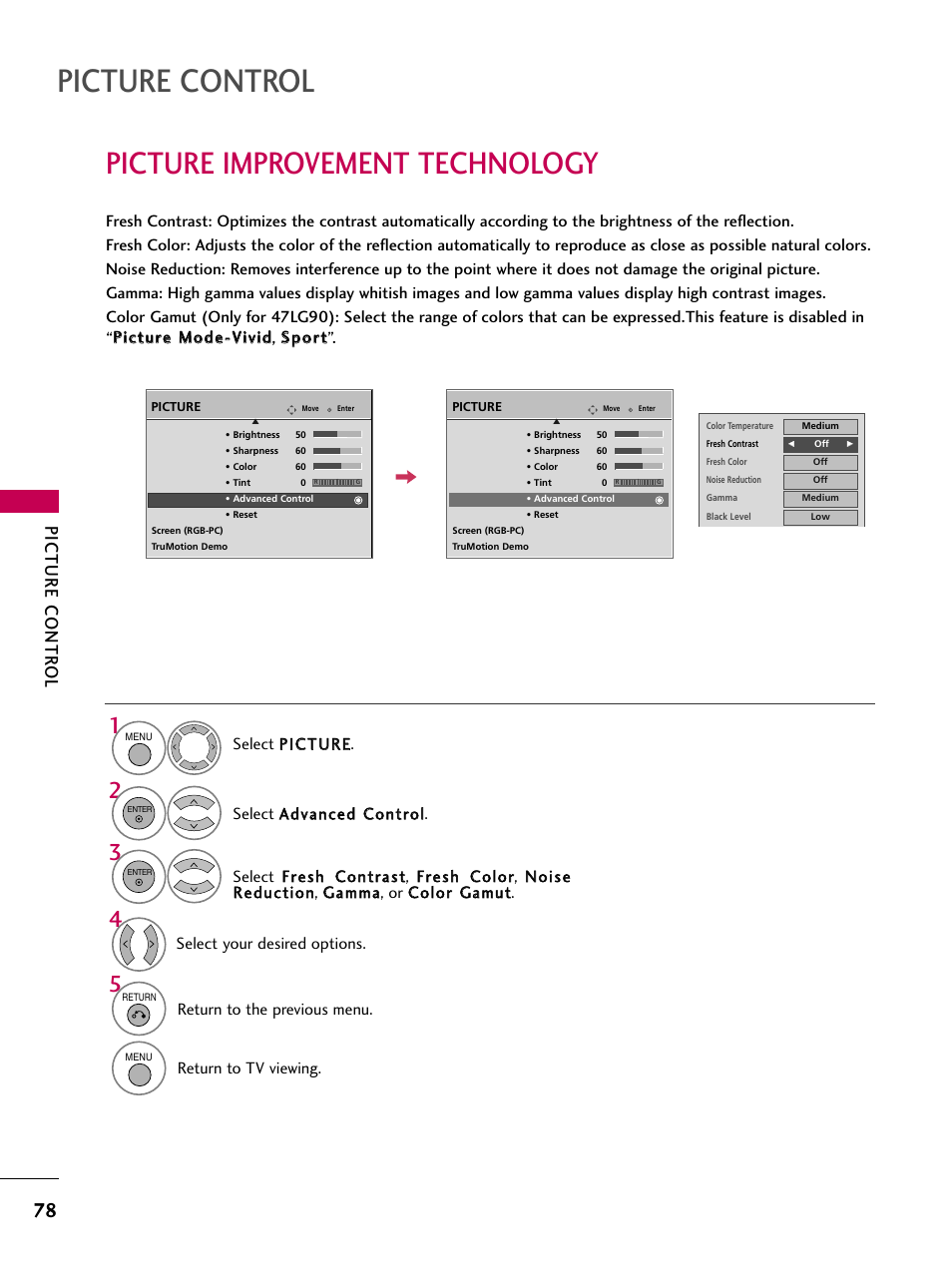 Picture improvement technology, Picture control, Picture contr ol | Return to the previous menu, Return to tv viewing. select your desired options | LG 52LG60 User Manual | Page 80 / 152