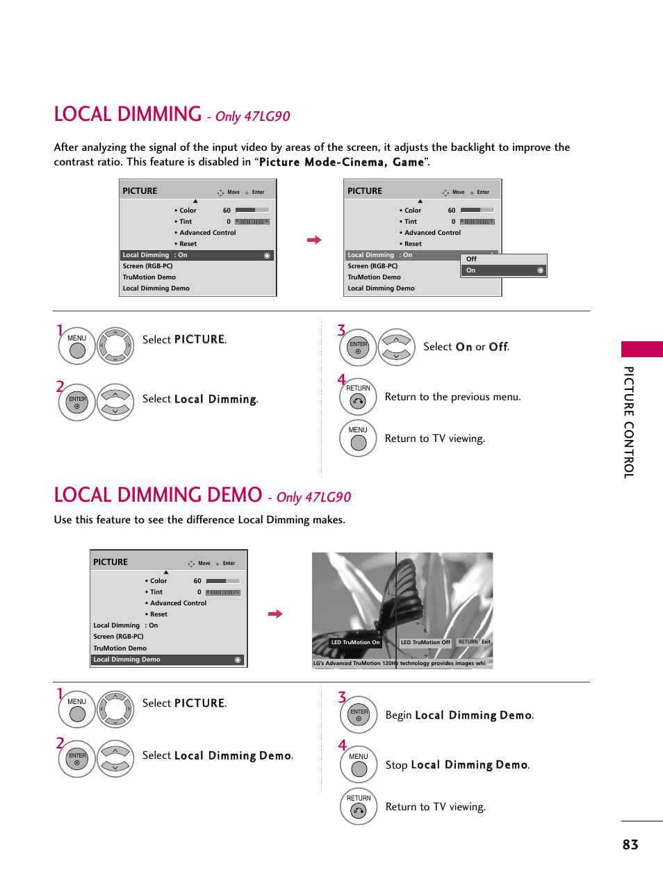 Local dimming, Local dimming demo, Only 47lg90 | Picture contr ol | LG 52LG60 User Manual | Page 85 / 152