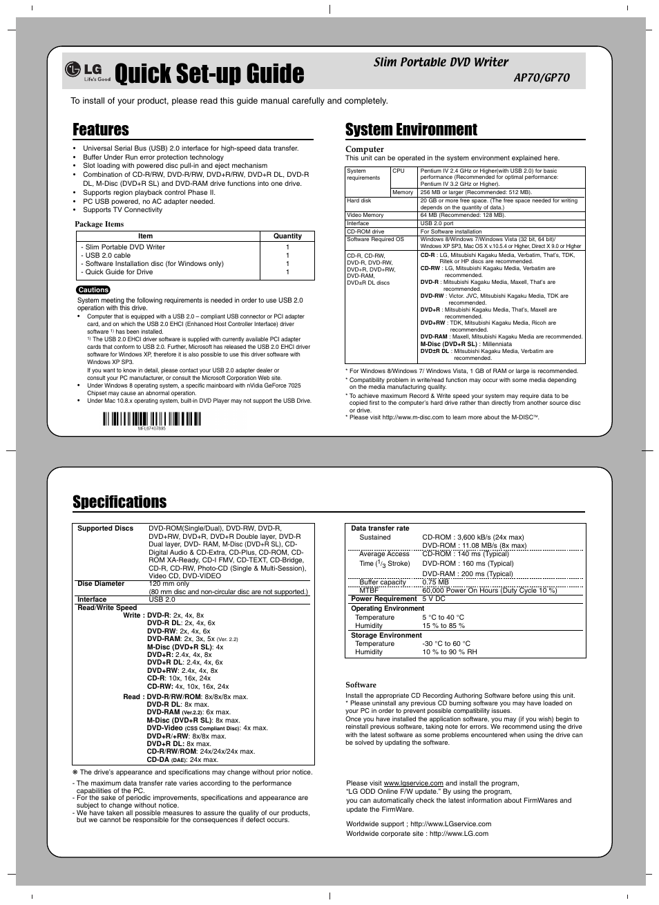 Quick set-up guide, Features, System environment | Specifications, Slim portable dvd writer | LG AP70NS50 User Manual | Page 3 / 4