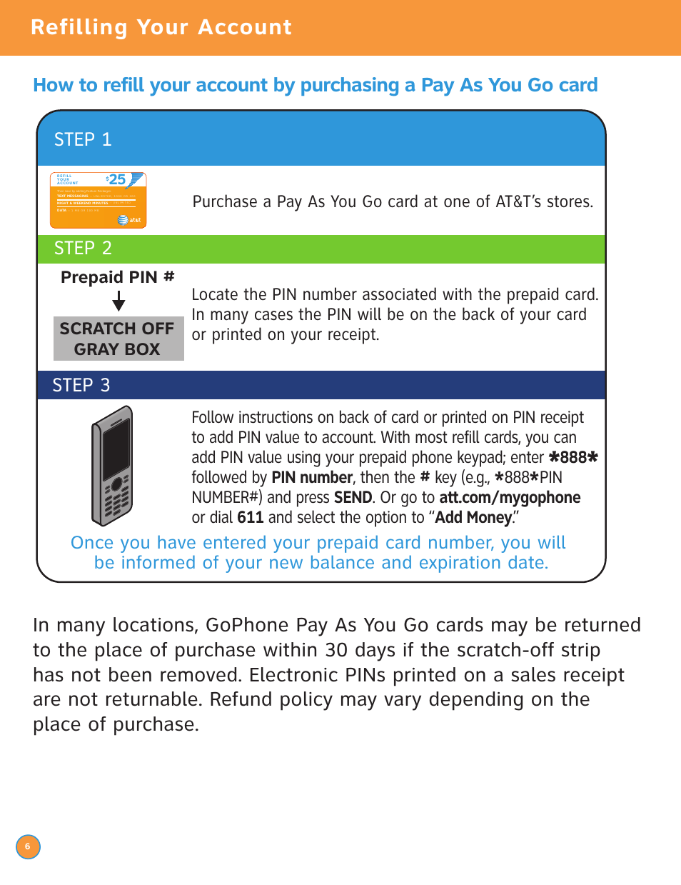 Refilling your account, Step 1 step 2 step 3 | LG P506 User Manual | Page 8 / 72